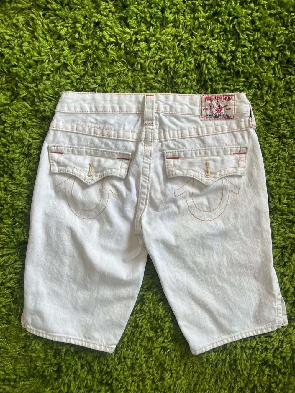 True Religion Women's Joey White Denim Shorts with Contrast Stitching